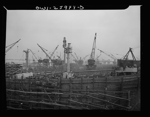 Bethlehem-Fairfield shipyards, Baltimore, Maryland. Looking across the ways