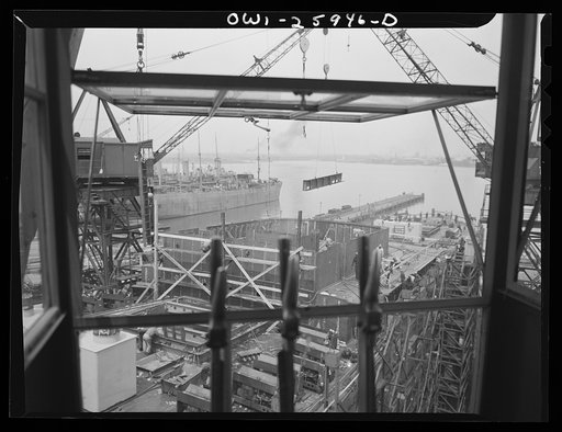 Bethlehem-Fairfield shipyards, Baltimore, Maryland. View through the window of a crane