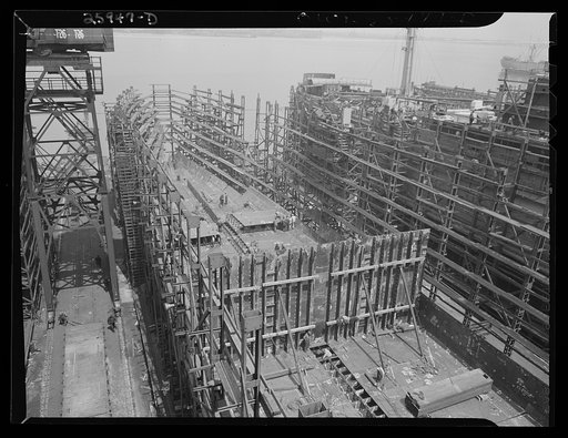 Bethlehem-Fairfield shipyards, Baltimore, Maryland. Erecting bulkhead sections