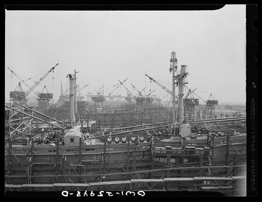 Bethlehem-Fairfield shipyards, Baltimore, Maryland. Looking across the shipways