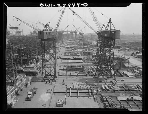 Bethlehem-Fairfield shipyards, Baltimore, Maryland. General view of tables in front of the ways