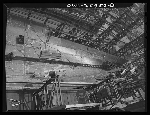 Bethlehem-Fairfield shipyards, Baltimore, Maryland. Ship's bottom plates being set in place at an early stage in the construction