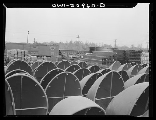 Untitled photo, possibly related to: Bethlehem-Fairfield shipyards, Baltimore, Maryland. Ventilators stacked in the yards