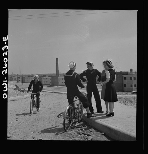 Arlington, Virginia. Sailors bicycled over to Arlington Farms, a residence for women who work in the U.S. government for the duration of the war, from Washington in search of a date