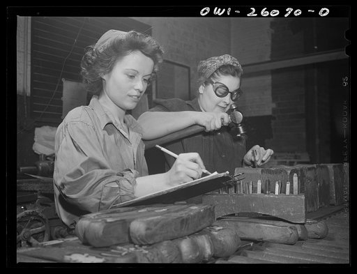 Buffalo, New York. The metallurgical laboratory of Republic Steel entirely manned by women. Twenty-one year old Florence Bergtold is "boss" of one shift. Here steel samples are tested for tensil strength, hardenability, and density. Billet samples such as one being pounded, weighing from sixty to ei