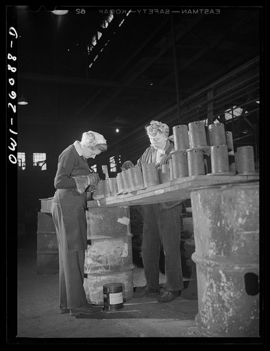 Buffalo, New York. Laura Czaya painting snubbers, a part of railroad car couplers at Symington-Gould. She is of Polish descent and formerly worked at Gould Battery. Previously she was forelady of a WPA (Work Projects Administration) sewing project. Her husband is in the Army