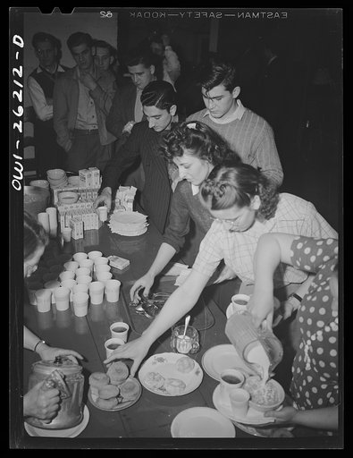 Buffalo, New York. Third shifters getting breakfast. Young Women's Christian Association (YWCA) coeducational recreation program for the third shift and swing shift workers from 9 a.m. to 1 and midnight to 5 a.m. includes sports, singing and dancing