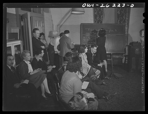 Buffalo, New York. Third shifters electing a president and other officers to organize further activities. Young Women's Christian Association (YWCA) coeducational recreation program for the third shift and swing shift workers from 9 a.m. to 1 and midnight to 5 a.m. includes sports, singing and danci
