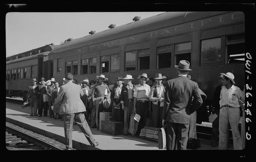 Stockton (vicinity), California. Mexican agricultural laborers arriving by train to help in the harvesting of beets