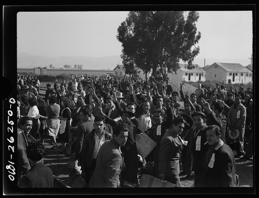 Stockton (vicinity), California. Mexican agricultural laborers arriving by train to help in the harvesting of beets