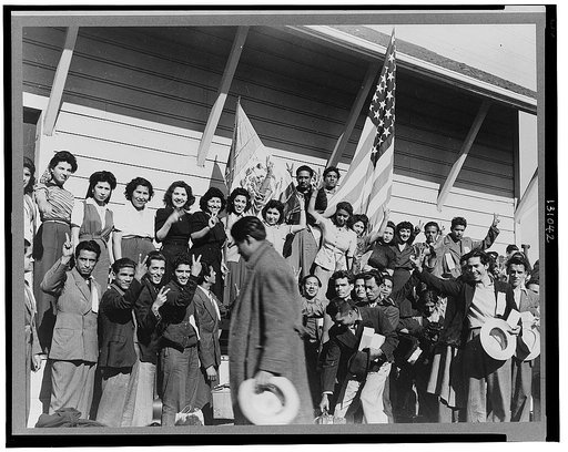 Stockton (vicinity), California. Mexican agricultural laborers arriving by train to help in the harvesting of beets