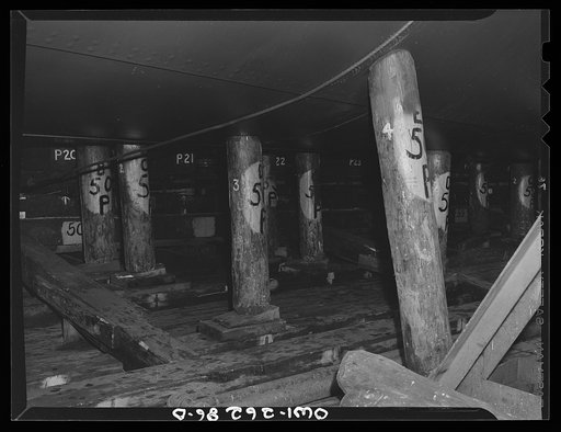 Bethlehem-Fairfield shipyards, Baltimore, Maryland. Preparations for launching a ship