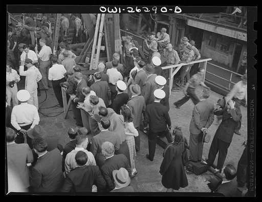 Bethlehem-Fairfield shipyards, Baltimore, Maryland. Observers at the ship launching