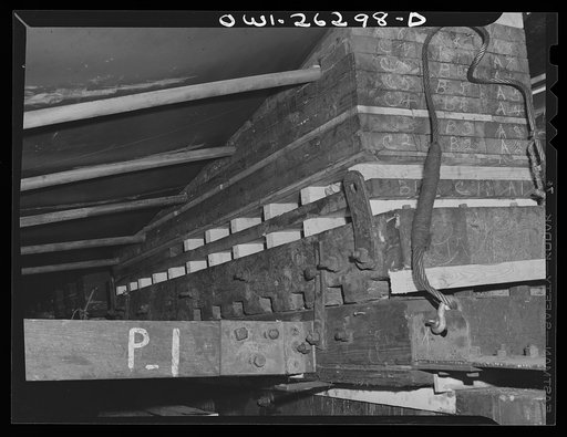 Bethlehem-Fairfield shipyards, Baltimore, Maryland. Preparations for launching a ship. Cradle upon which the ship will ride