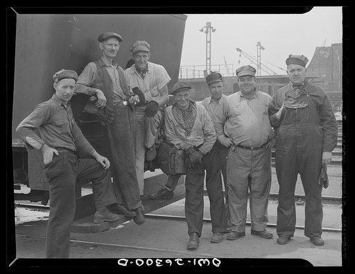 Bethlehem-Fairfield shipyards, Baltimore, Maryland. Group of train workers in the shipyard
