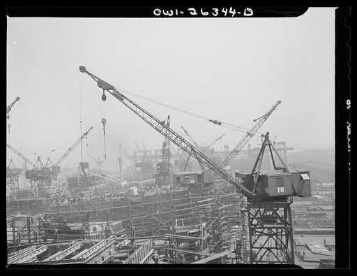 Untitled photo, possibly related to: Bethlehem-Fairfield shipyards, Baltimore, Maryland. Crane in front of the shipways