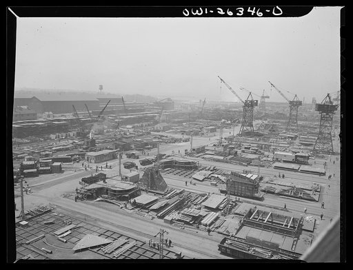 Bethlehem-Fairfield shipyards, Baltimore, Maryland. General view of the shipyards showing assembly tables