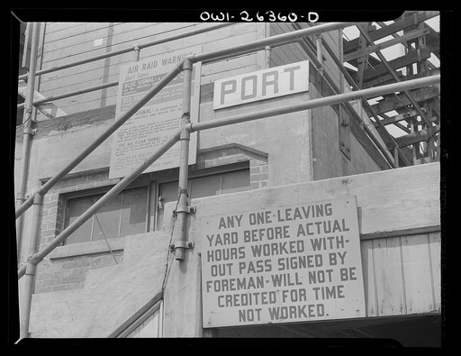 Bethlehem-Fairfield shipyards, Baltimore, Maryland. Signs on shipways