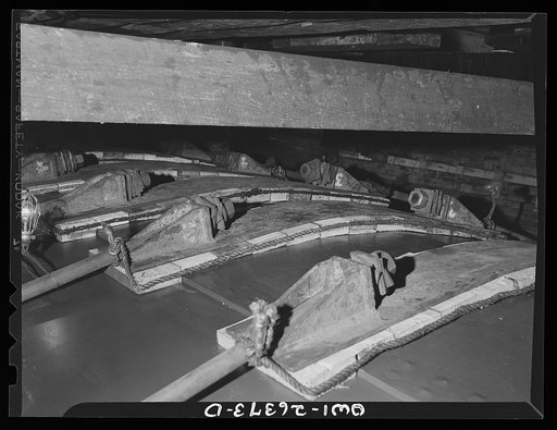 Bethlehem-Fairfield shipyards, Baltimore, Maryland. Preparations for launching a ship. Part of the cradle arrangement underneath ship