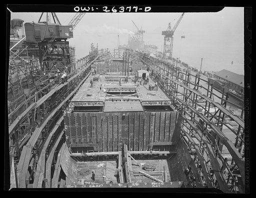 Bethlehem-Fairfield shipyards, Baltimore, Maryland. Ship construction in the middle stage