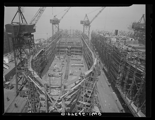 Bethlehem-Fairfield shipyards, Baltimore, Maryland. Ship construction in the early stage
