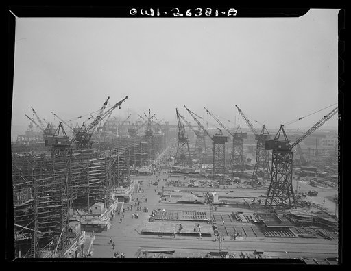 Bethlehem-Fairfield shipyards, Baltimore, Maryland. A general view showing the ship cranes