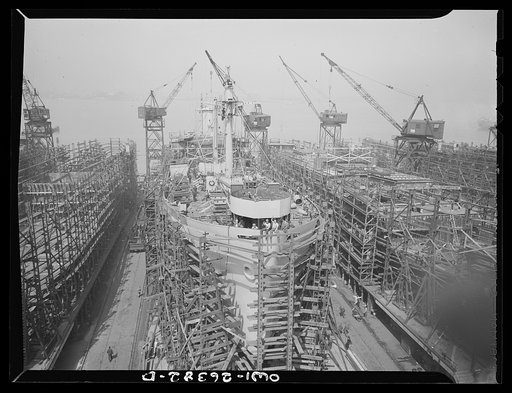 Bethlehem-Fairfield shipyards, Baltimore, Maryland. A nearly completed ship