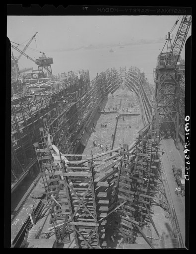 Bethlehem-Fairfield shipyards, Baltimore, Maryland. Early stage of ship construction. The bottom plates are nearly in place