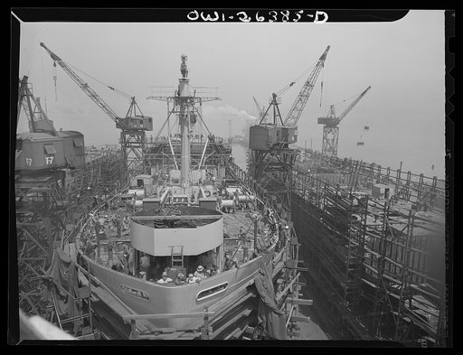 Bethlehem-Fairfield shipyards, Baltimore, Maryland. A nearly completed ship