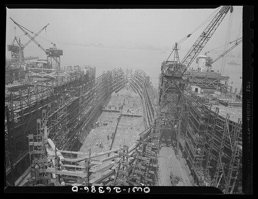 Baltimore, Maryland. Bethlehem-Fairfield shipyards. Ship construction in the early stage