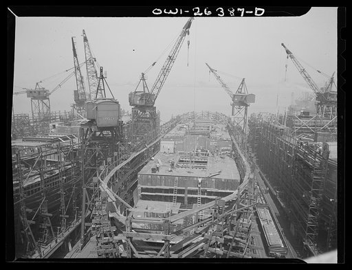 Bethlehem-Fairfield shipyards, Baltimore, Maryland. Ship construction in the middle stage