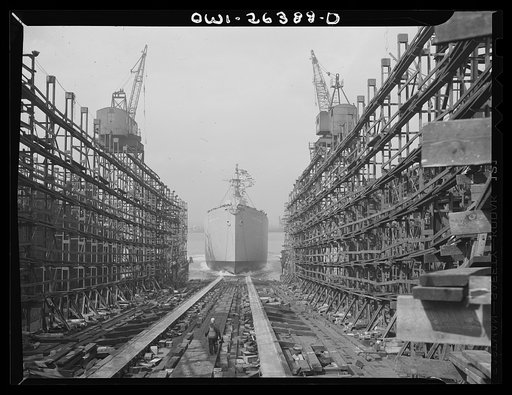 Bethlehem-Fairfield shipyards, Baltimore, Maryland. Ship sliding off the shipways