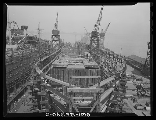 Bethlehem-Fairfield shipyards, Baltimore, Maryland. Ship construction in the middle stage
