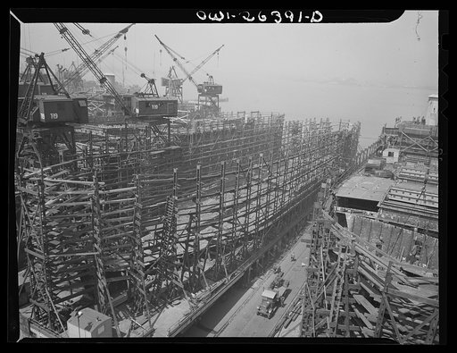 Bethlehem-Fairfield shipyards, Baltimore, Maryland. Side view of a ship scaffold