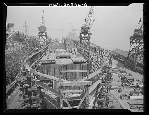 Bethlehem-Fairfield shipyards, Baltimore, Maryland. Ship under construction