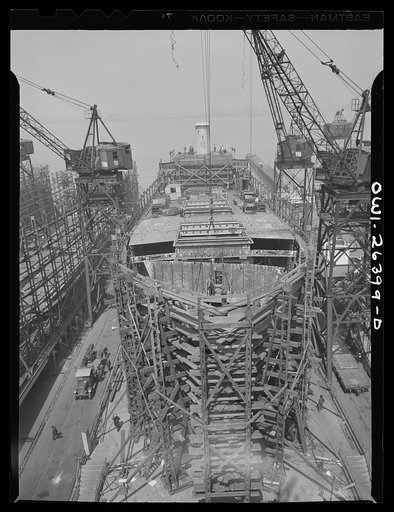 Bethlehem-Fairfield shipyards, Baltimore, Maryland. Ship under construction