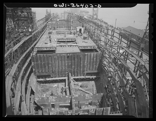Bethlehem-Fairfield shipyards, Baltimore, Maryland. Ship under construction