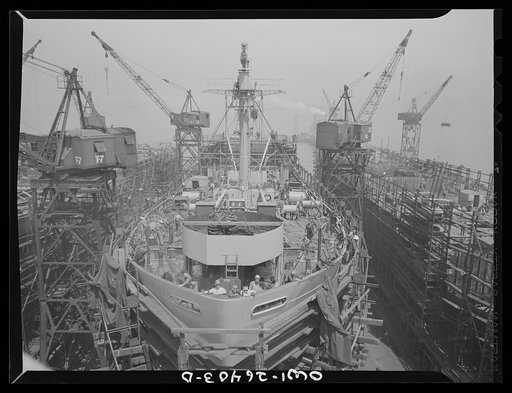 Bethlehem-Fairfield shipyards, Baltimore, Maryland. A nearly completed ship