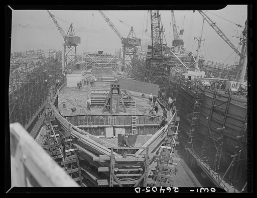 Bethlehem-Fairfield shipyards, Baltimore, Maryland. Ship under construction