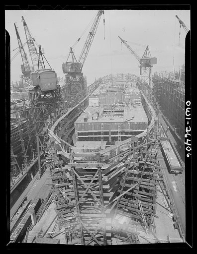 Bethlehem-Fairfield shipyards, Baltimore, Maryland. Ship under construction
