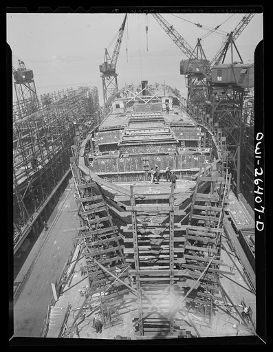 Bethlehem-Fairfield shipyards, Baltimore, Maryland. Ship under construction