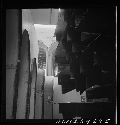 Bethlehem-Fairfield shipyards, Baltimore, Maryland. Shaft alley stockpile