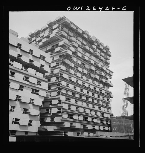 Bethlehem-Fairfield shipyards, Baltimore, Maryland. Stockpile of steel parts