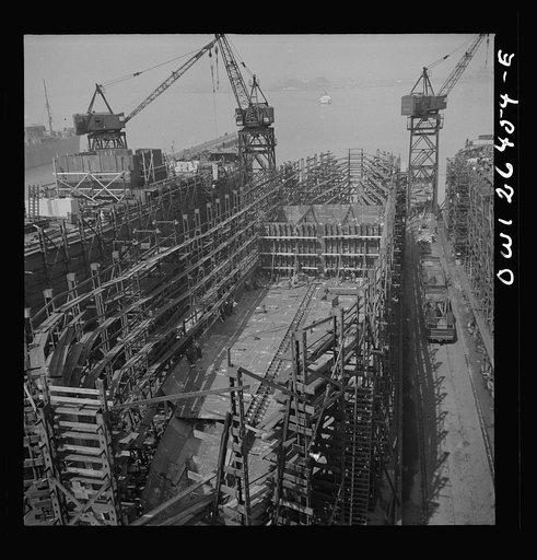 Bethlehem-Fairfield shipyards, Baltimore, Maryland. Ship construction in its early stage
