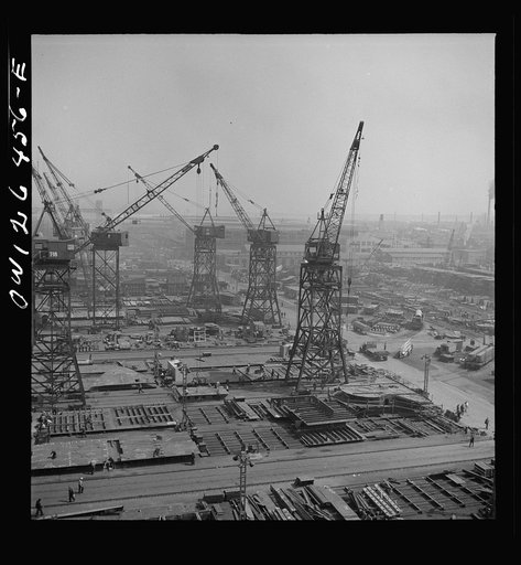 Bethlehem-Fairfield shipyards, Baltimore, Maryland. A shipyard with a crane