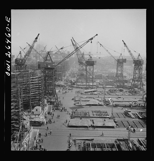 Bethlehem-Fairfield shipyards, Baltimore, Maryland. Cranes in the shipyard
