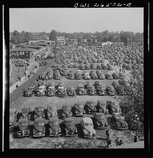 Pimlico racetrack, near Baltimore, Maryland. Parked cars at Pimlico in spite of gas ration
