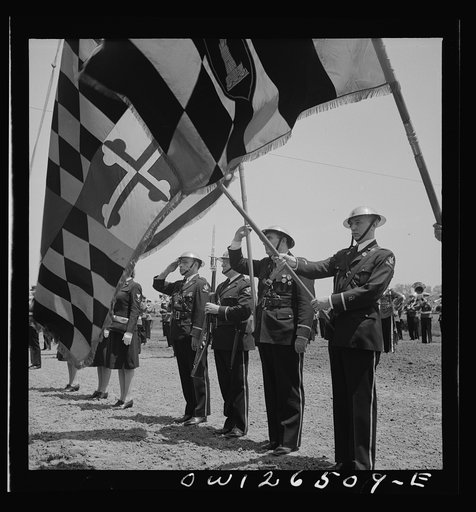 Pimlico racetrack, near Baltimore, Maryland. Maryland home guard flag bearers