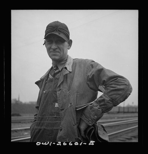Cicero, Illinois. A switchman at the Clyde yard of the Chicago, Burlington and Quincy Railroad