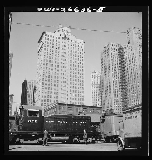 Chicago, Illinois. New York Central switch engine working at South Water Street, Illinois Central Railroad freight terminal